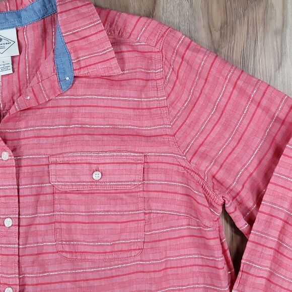 🔺️St. John's Bay Red & Silver Stripe Buttoned Long Sleeve Shirt w/Chest Pockets - Picture 5 of 11